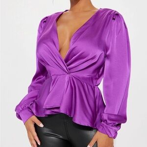 Vibrant Purple Puff Sleeve Blouse with Wrap Peplum Style